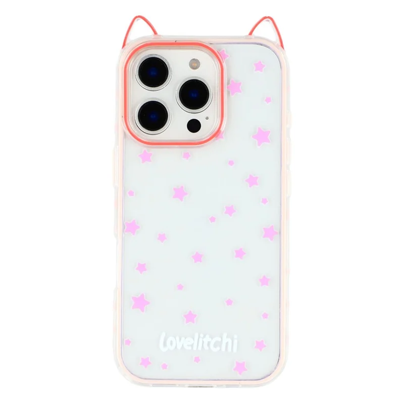 For iPhone 16 Pro Max Case Star Pattern Cat Ear Design TPU + Acrylic Clear Phone Back Cover - Pink