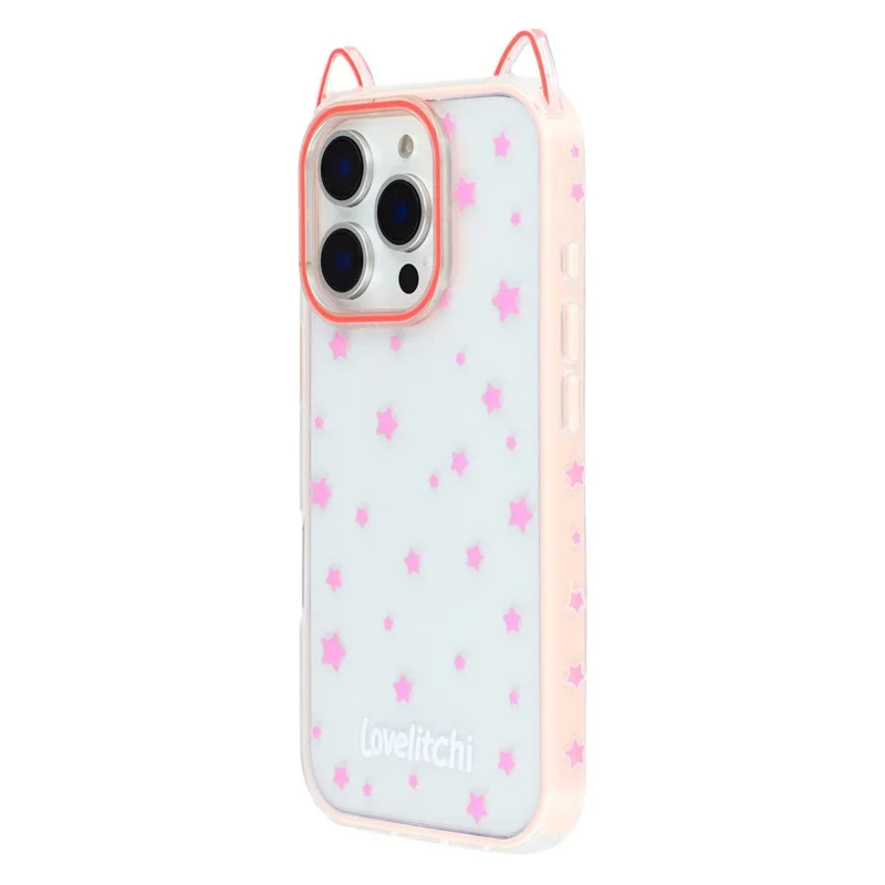 For iPhone 16 Pro Max Case Star Pattern Cat Ear Design TPU + Acrylic Clear Phone Back Cover - Pink