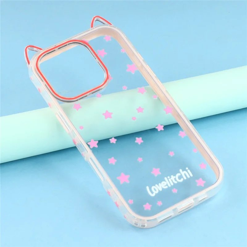 For iPhone 16 Pro Max Case Star Pattern Cat Ear Design TPU + Acrylic Clear Phone Back Cover - Pink