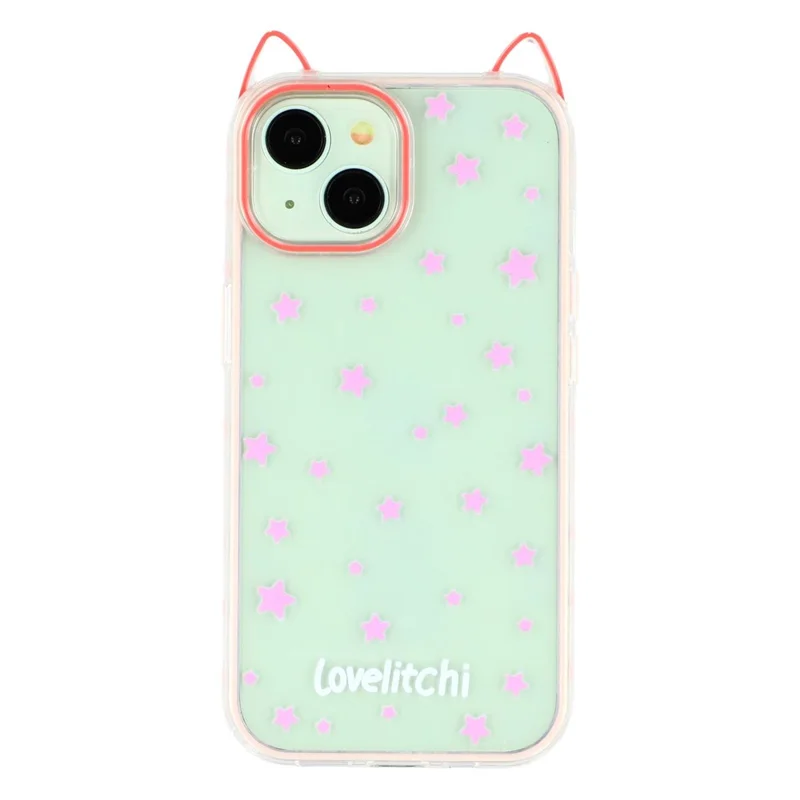 For iPhone 15 Case Star Pattern Cat Ear Design TPU + Acrylic Clear Phone Back Cover - Pink