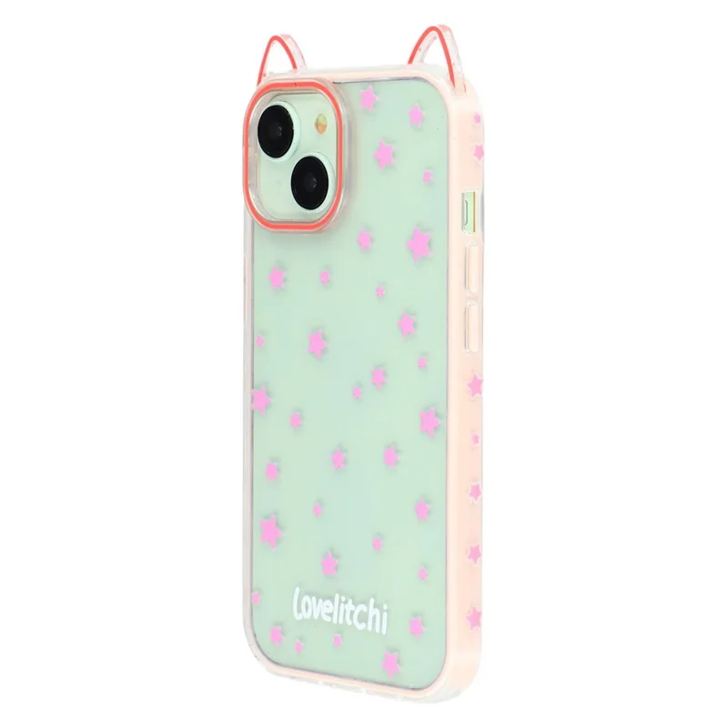 For iPhone 15 Case Star Pattern Cat Ear Design TPU + Acrylic Clear Phone Back Cover - Pink