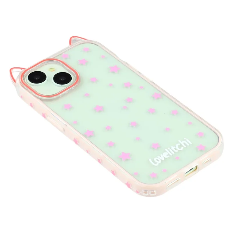 For iPhone 15 Case Star Pattern Cat Ear Design TPU + Acrylic Clear Phone Back Cover - Pink