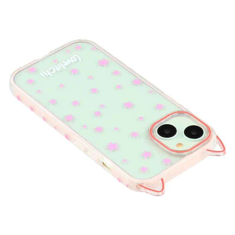 For iPhone 15 Case Star Pattern Cat Ear Design TPU + Acrylic Clear Phone Back Cover - Pink