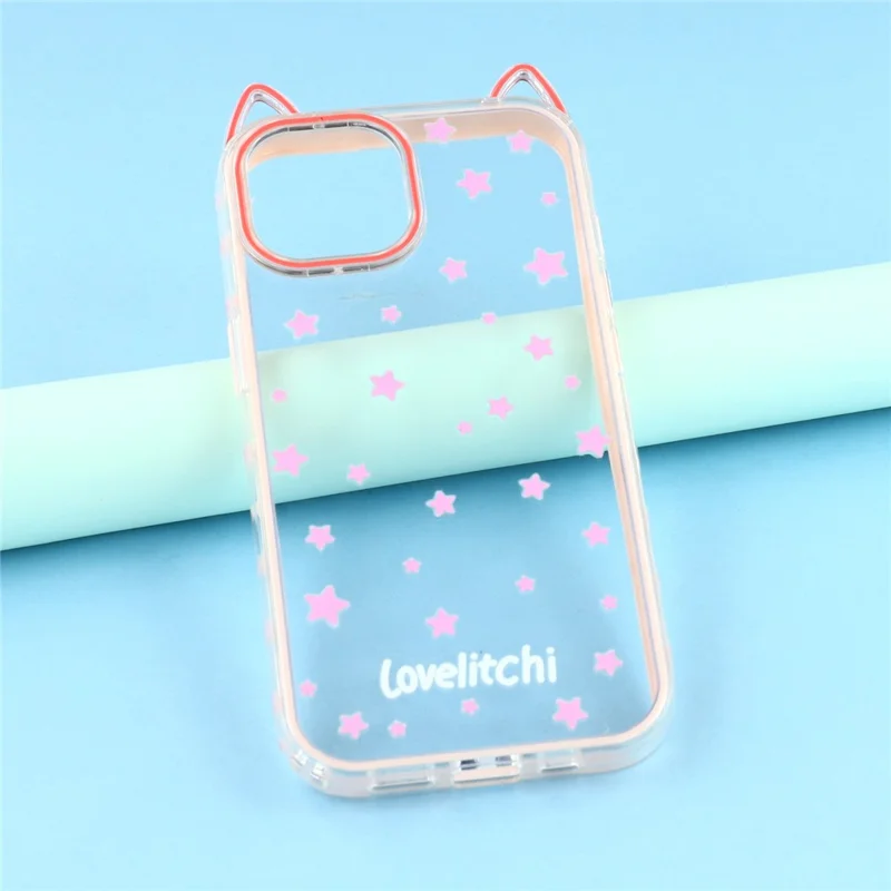 For iPhone 15 Case Star Pattern Cat Ear Design TPU + Acrylic Clear Phone Back Cover - Pink