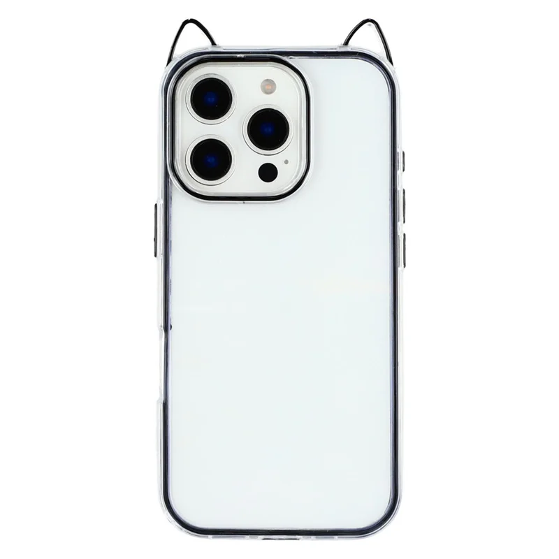 For iPhone 16 Pro Max Case Cat Ear Design TPU + Acrylic Clear Phone Back Cover - Black