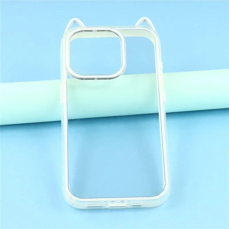 For iPhone 15 Pro Max Case Cat Ear Design TPU + Acrylic Clear Phone Back Cover - Beige
