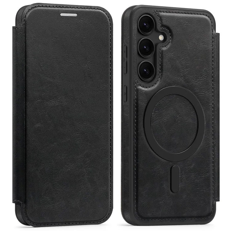 For Samsung Galaxy S24+ Case Compatible with MagSafe RFID Blocking Card Holder Leather Phone Cover - Black