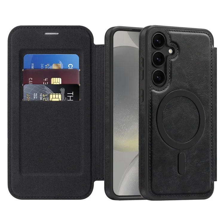 For Samsung Galaxy S24+ Case Compatible with MagSafe RFID Blocking Card Holder Leather Phone Cover - Black
