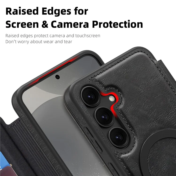 For Samsung Galaxy S24+ Case Compatible with MagSafe RFID Blocking Card Holder Leather Phone Cover - Black