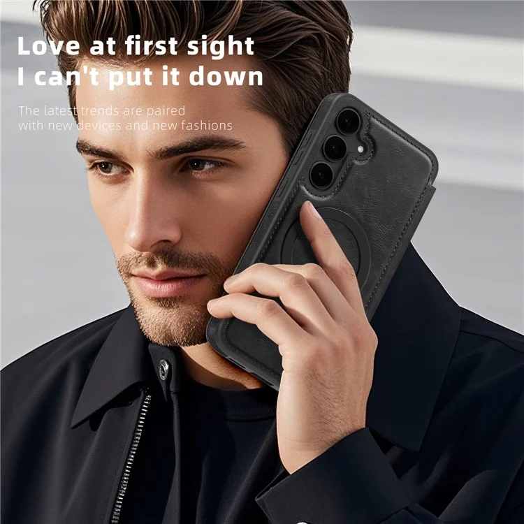 For Samsung Galaxy S24+ Case Compatible with MagSafe RFID Blocking Card Holder Leather Phone Cover - Black