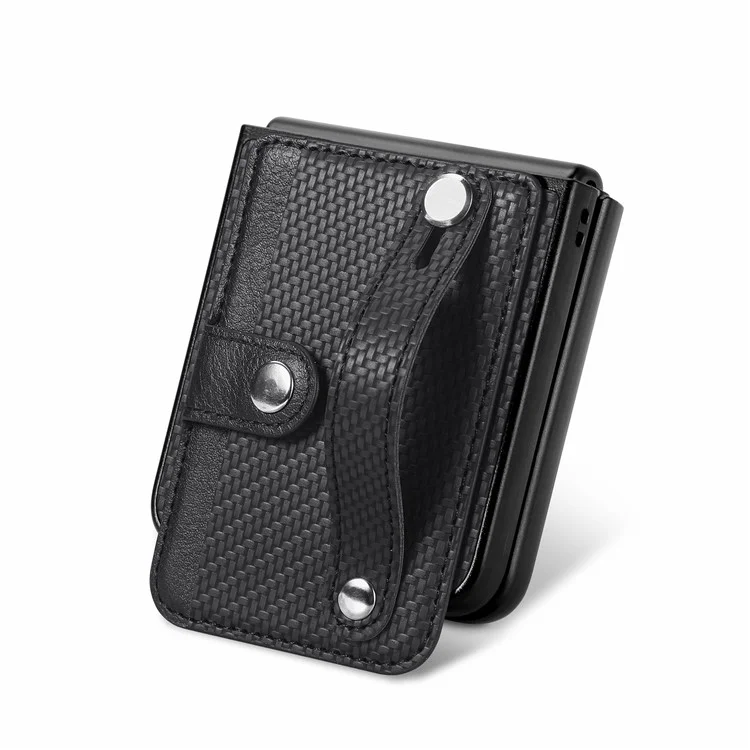 Capa para Motorola Razr 60 Ultra 5G com Textura de Fibra de Carbono, Alça de Pulso, Suporte e Revestimento em Couro PU + PC - Preto