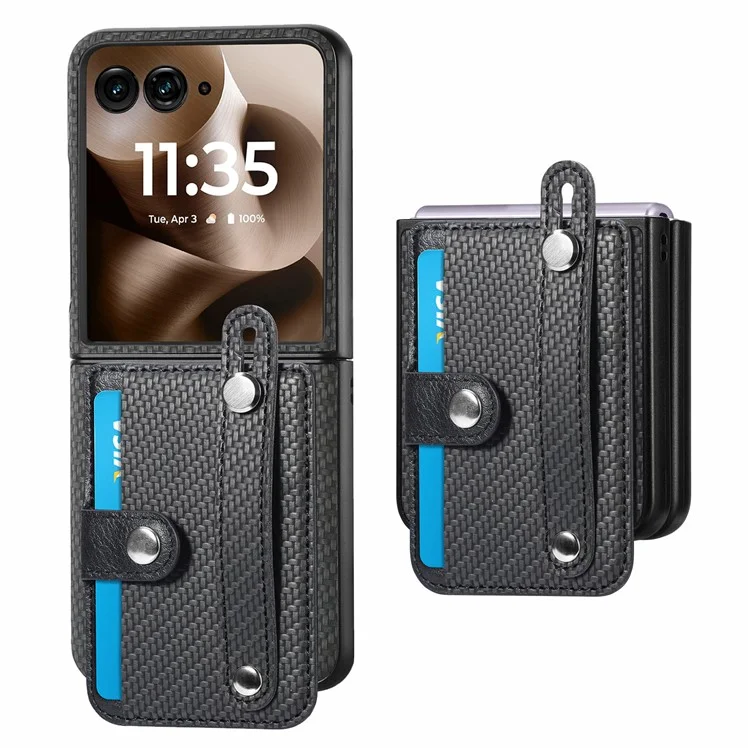 Capa para Motorola Razr 60 Ultra 5G com Textura de Fibra de Carbono, Alça de Pulso, Suporte e Revestimento em Couro PU + PC - Preto