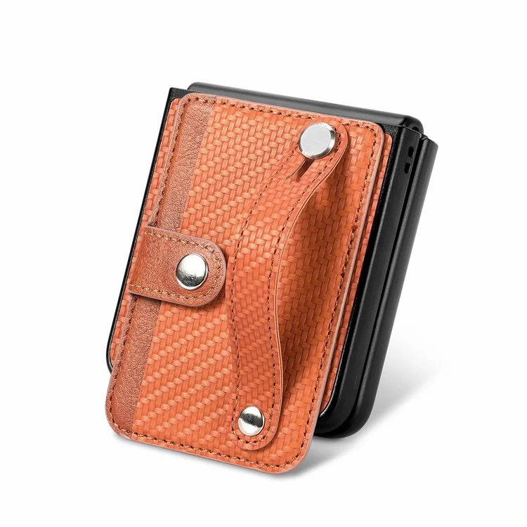 Cover per Motorola Razr 60 Ultra 5G con Texture in Fibra di Carbonio, Cinturino da Polso e Supporto, Custodia in Pelle PU + PC - Marrone