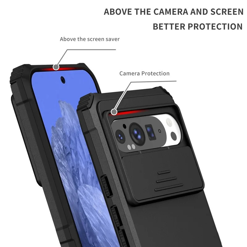 Funda para Google Pixel 9 Pro XL con Deslizador de Cámara, Carcasa de PC + TPU con Soporte - Negro