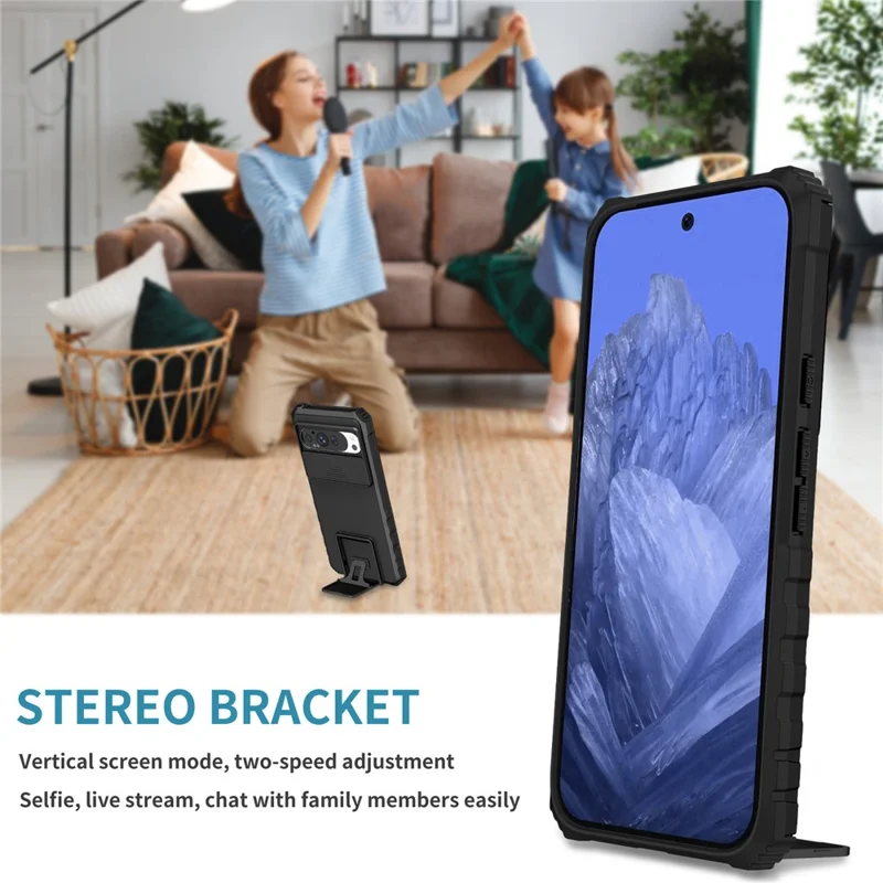 Funda para Google Pixel 9 Pro XL con Deslizador de Cámara, Carcasa de PC + TPU con Soporte - Negro