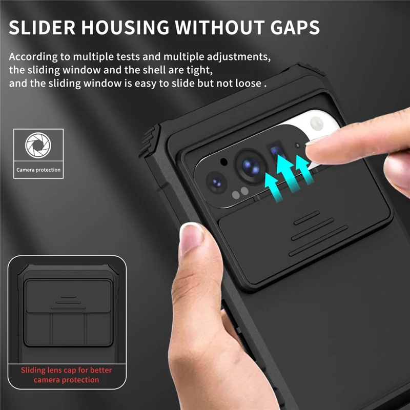 Funda para Google Pixel 9 Pro XL con Deslizador de Cámara, Carcasa de PC + TPU con Soporte - Negro