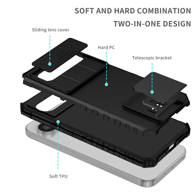 Funda para Google Pixel 9 Pro XL con Deslizador de Cámara, Carcasa de PC + TPU con Soporte - Negro