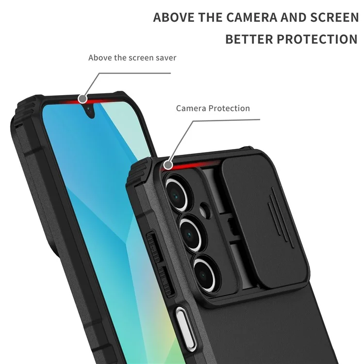Чехол для Samsung Galaxy A26 5G с выдвижным слайдером для камеры, ПК + TPU, с подставкой - Черный