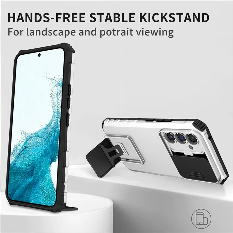 Чехол для Samsung Galaxy A36 5G с выдвижной шторкой для камеры, из поликарбоната и TPU, с подставкой - Серебристый