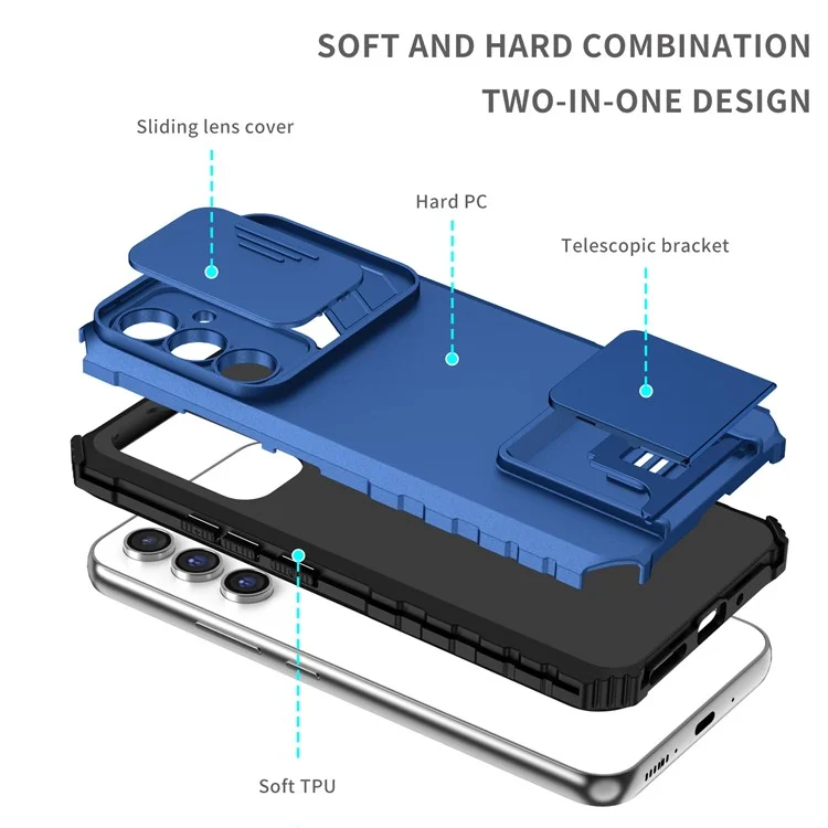 For Samsung Galaxy A36 5G Case Camera Slider PC + TPU Phone Cover with Kickstand - Blue