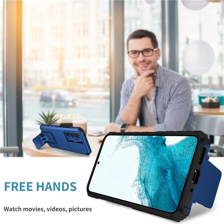 For Samsung Galaxy A36 5G Case Camera Slider PC + TPU Phone Cover with Kickstand - Blue