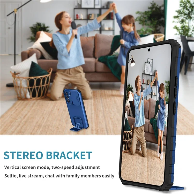 For Samsung Galaxy A56 5G Case Camera Slider PC + TPU Phone Cover with Kickstand - Pink - Blue