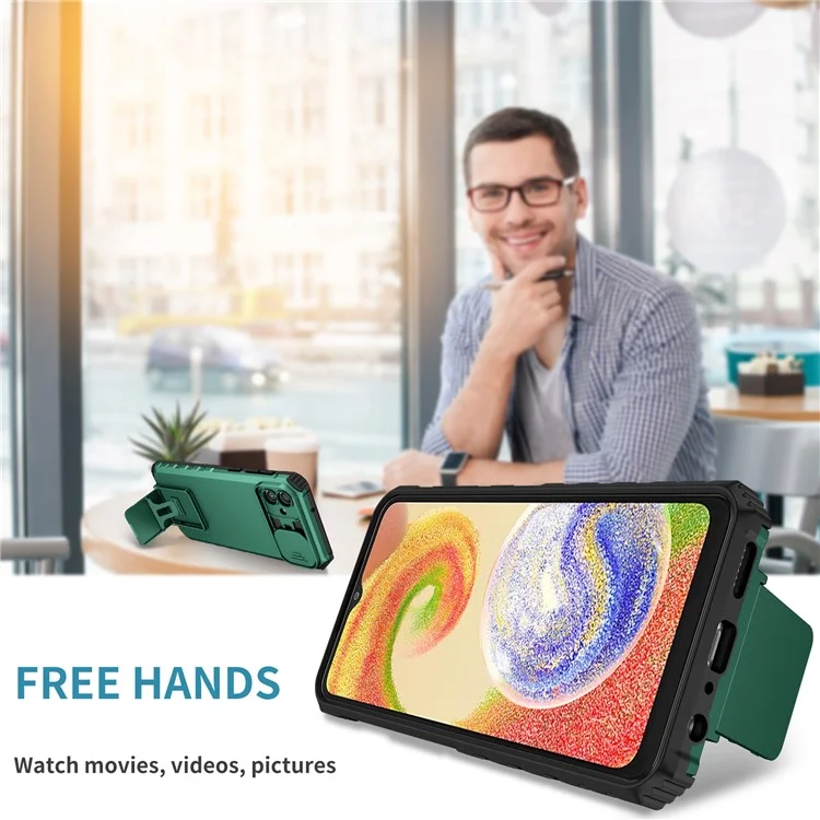 Чехол для Samsung Galaxy A06 4G / 5G с выдвижным слайдером для камеры, ПК + TPU, с подставкой - темно-зеленый