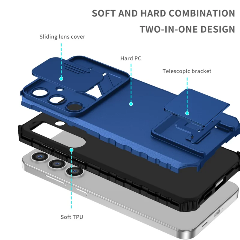 For Samsung Galaxy S25 Case Camera Slider PC + TPU Phone Cover with Kickstand - Blue