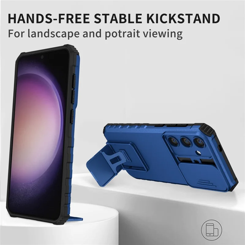 For Samsung Galaxy S25 Case Camera Slider PC + TPU Phone Cover with Kickstand - Blue