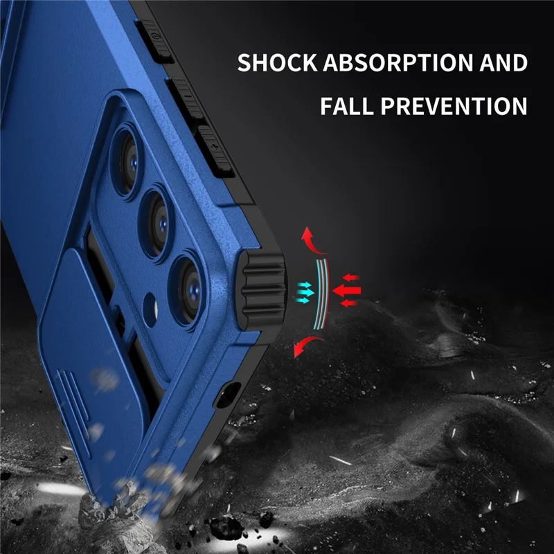For Samsung Galaxy S25 Case Camera Slider PC + TPU Phone Cover with Kickstand - Blue