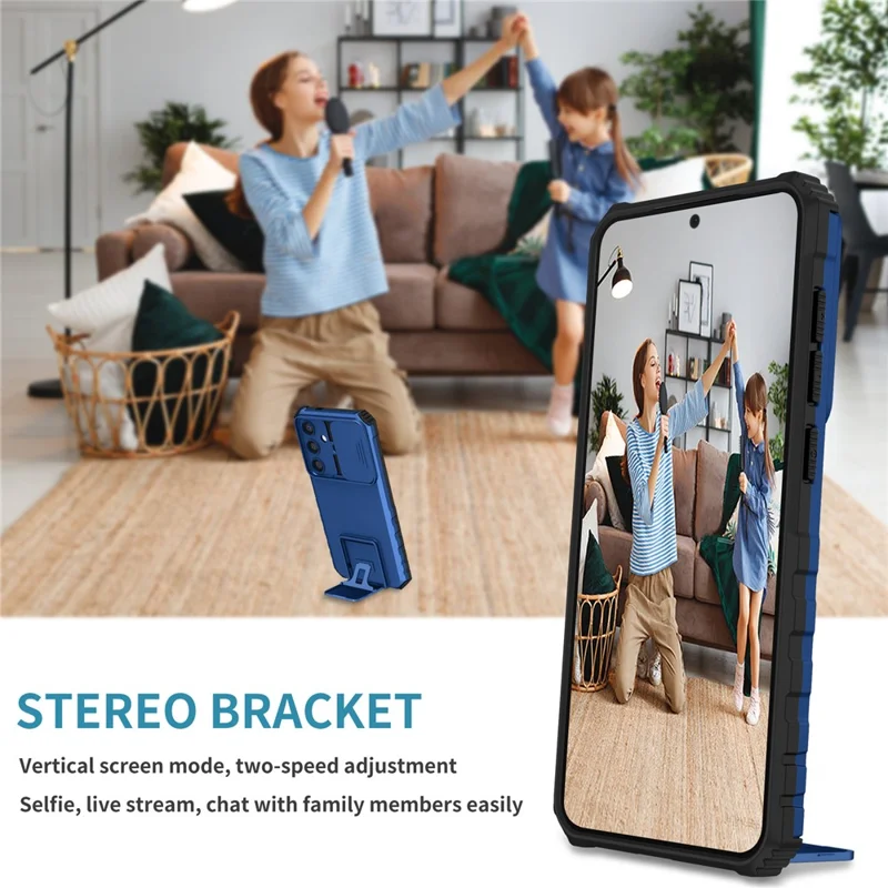For Samsung Galaxy S25 Case Camera Slider PC + TPU Phone Cover with Kickstand - Blue