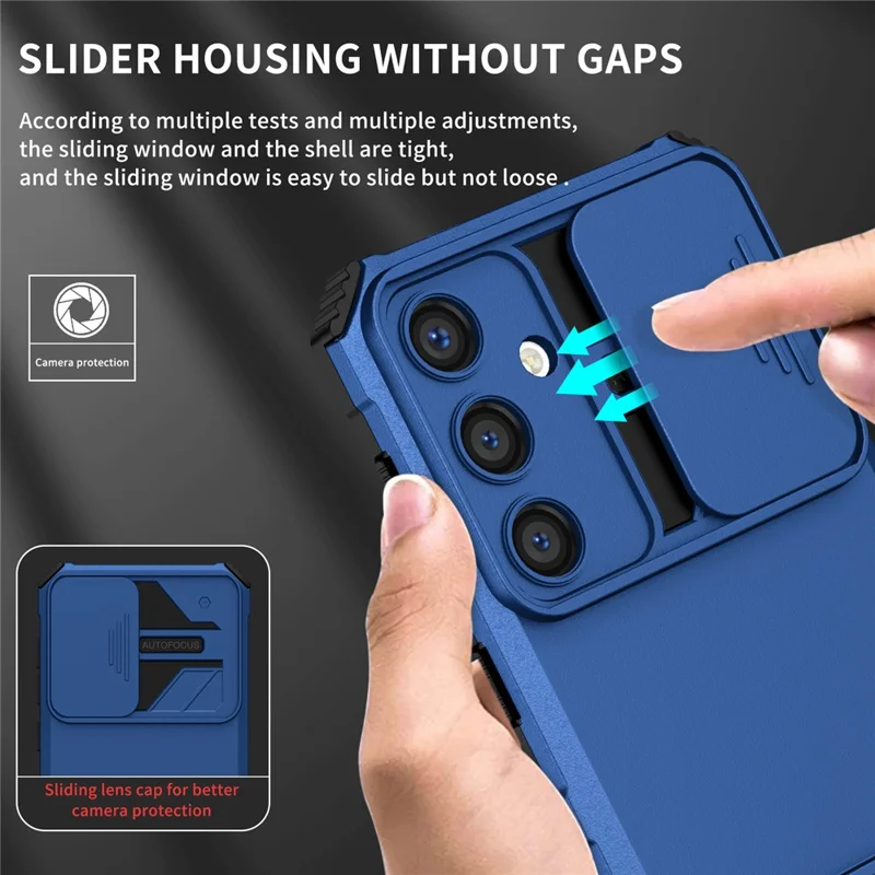 For Samsung Galaxy S25 Case Camera Slider PC + TPU Phone Cover with Kickstand - Blue