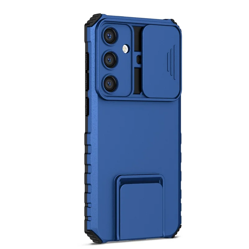 For Samsung Galaxy S25 Case Camera Slider PC + TPU Phone Cover with Kickstand - Blue