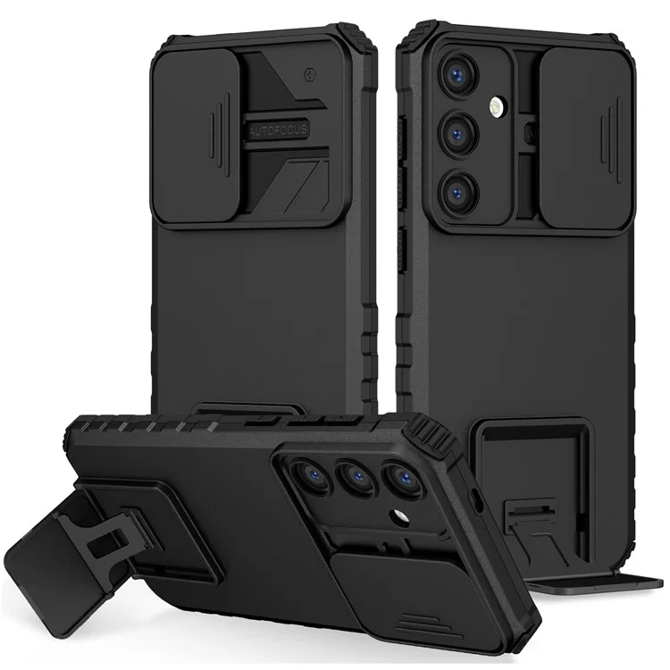 Чехол для Samsung Galaxy S25 с выдвижным слайдером для камеры, PC + TPU с подставкой - Черный