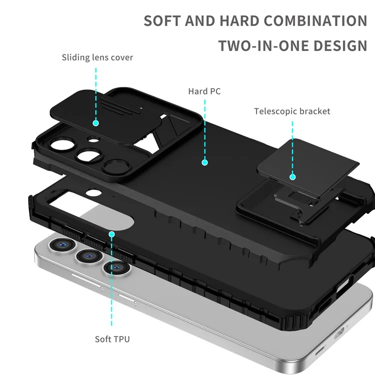 Чехол для Samsung Galaxy S25 с выдвижным слайдером для камеры, PC + TPU с подставкой - Черный