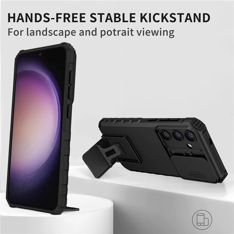 Чехол для Samsung Galaxy S25 с выдвижным слайдером для камеры, PC + TPU с подставкой - Черный