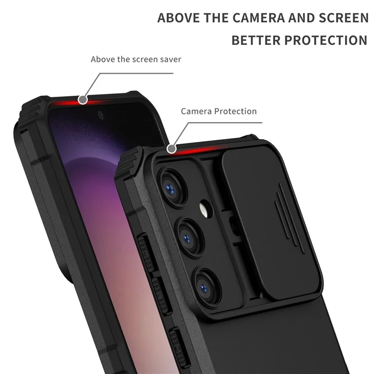 Чехол для Samsung Galaxy S25 с выдвижным слайдером для камеры, PC + TPU с подставкой - Черный