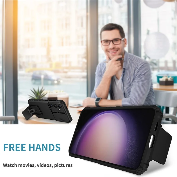 Чехол для Samsung Galaxy S25 с выдвижным слайдером для камеры, PC + TPU с подставкой - Черный