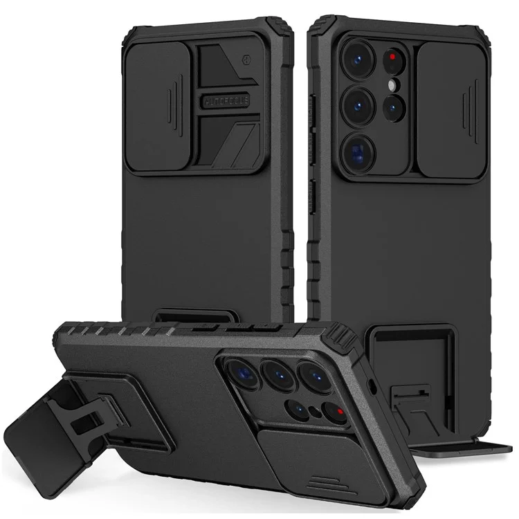 Чехол для Samsung Galaxy S25 Ultra с выдвижной камерой, PC + TPU, с подставкой - черный