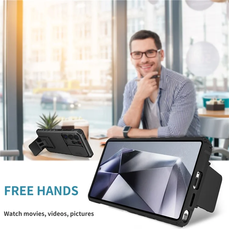 Чехол для Samsung Galaxy S25 Ultra с выдвижной камерой, PC + TPU, с подставкой - черный