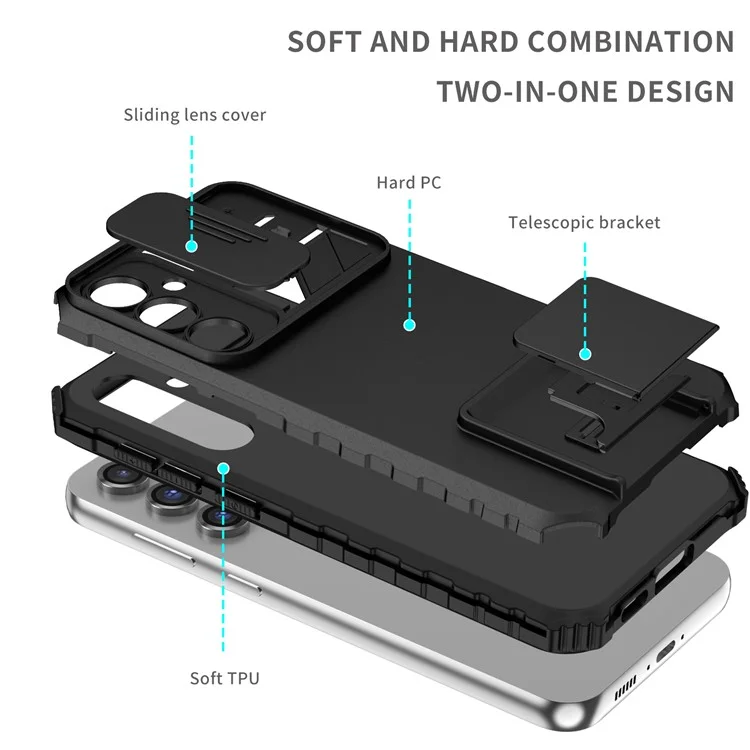 Чехол для Samsung Galaxy S24 FE с выдвижной защитой камеры, PC + TPU, с подставкой - Черный