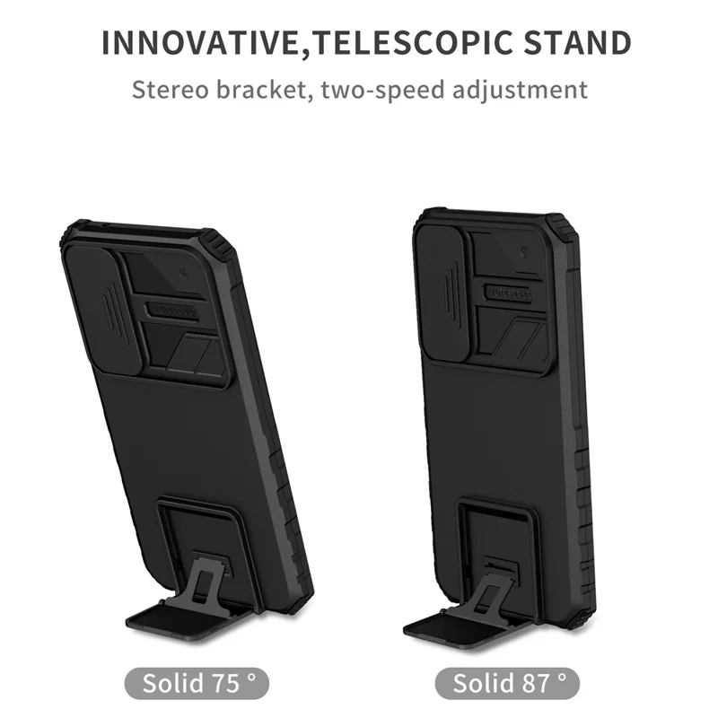 For Samsung Galaxy S23 FE Case Camera Slider PC + TPU Phone Cover with Kickstand - Black