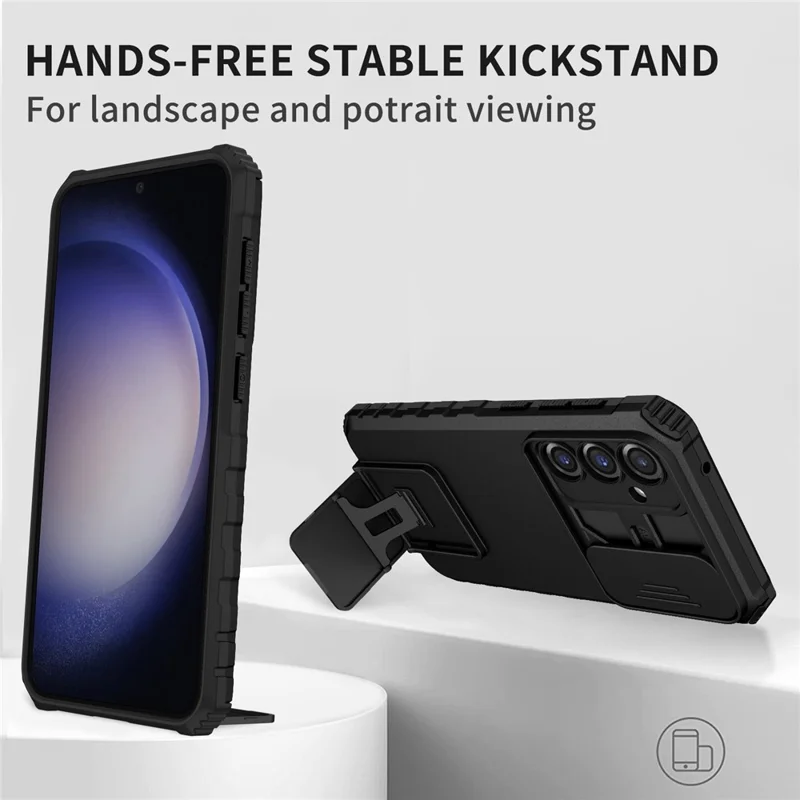For Samsung Galaxy S23 FE Case Camera Slider PC + TPU Phone Cover with Kickstand - Black