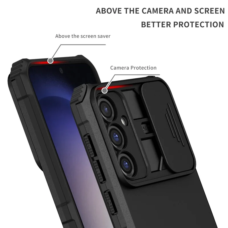 For Samsung Galaxy S23 FE Case Camera Slider PC + TPU Phone Cover with Kickstand - Black