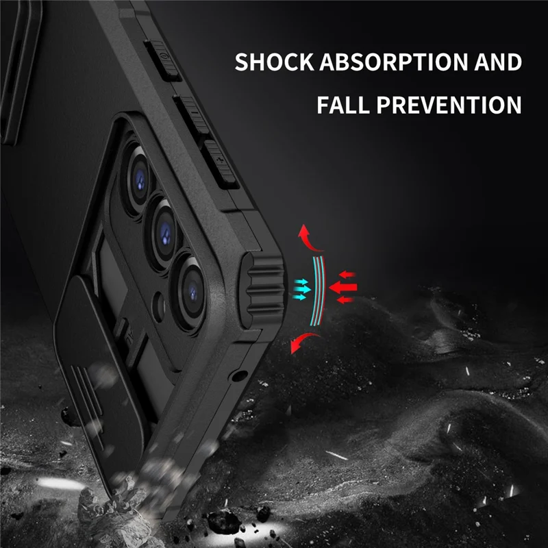For Samsung Galaxy S23 FE Case Camera Slider PC + TPU Phone Cover with Kickstand - Black