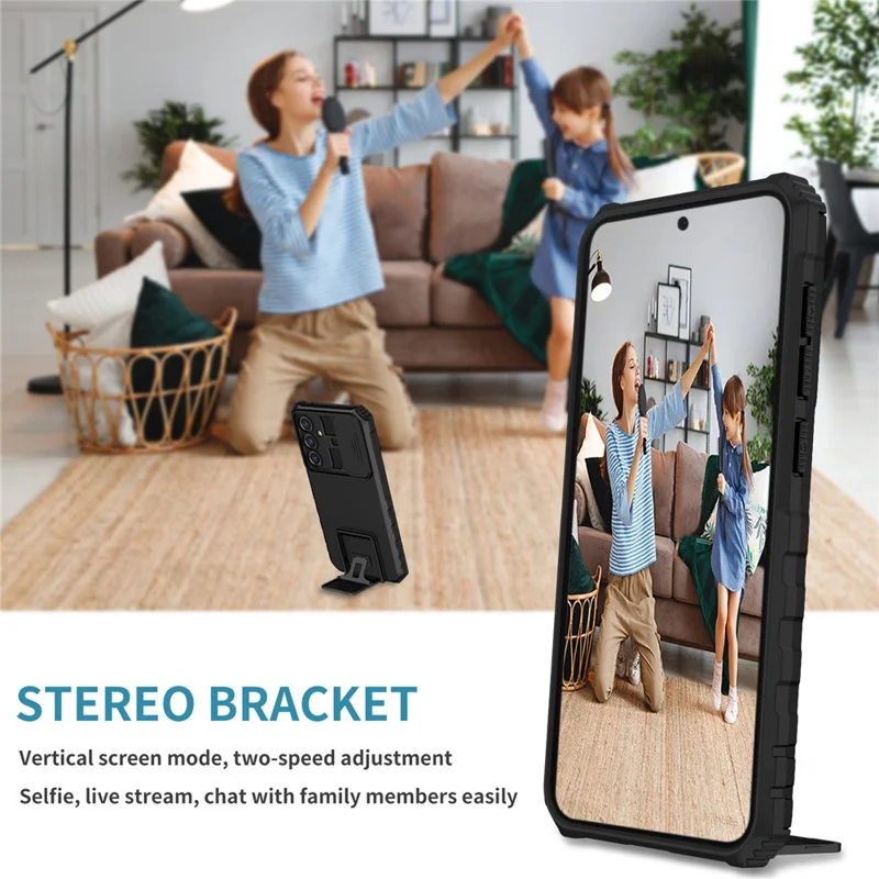 For Samsung Galaxy S23 FE Case Camera Slider PC + TPU Phone Cover with Kickstand - Black