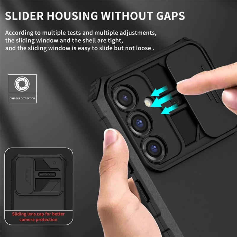 For Samsung Galaxy S23 FE Case Camera Slider PC + TPU Phone Cover with Kickstand - Black