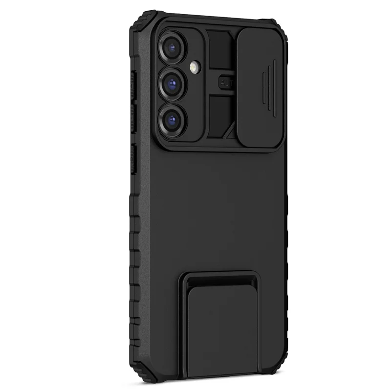 For Samsung Galaxy S23 FE Case Camera Slider PC + TPU Phone Cover with Kickstand - Black