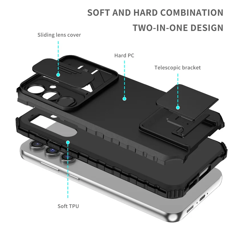 For Samsung Galaxy S23 FE Case Camera Slider PC + TPU Phone Cover with Kickstand - Black