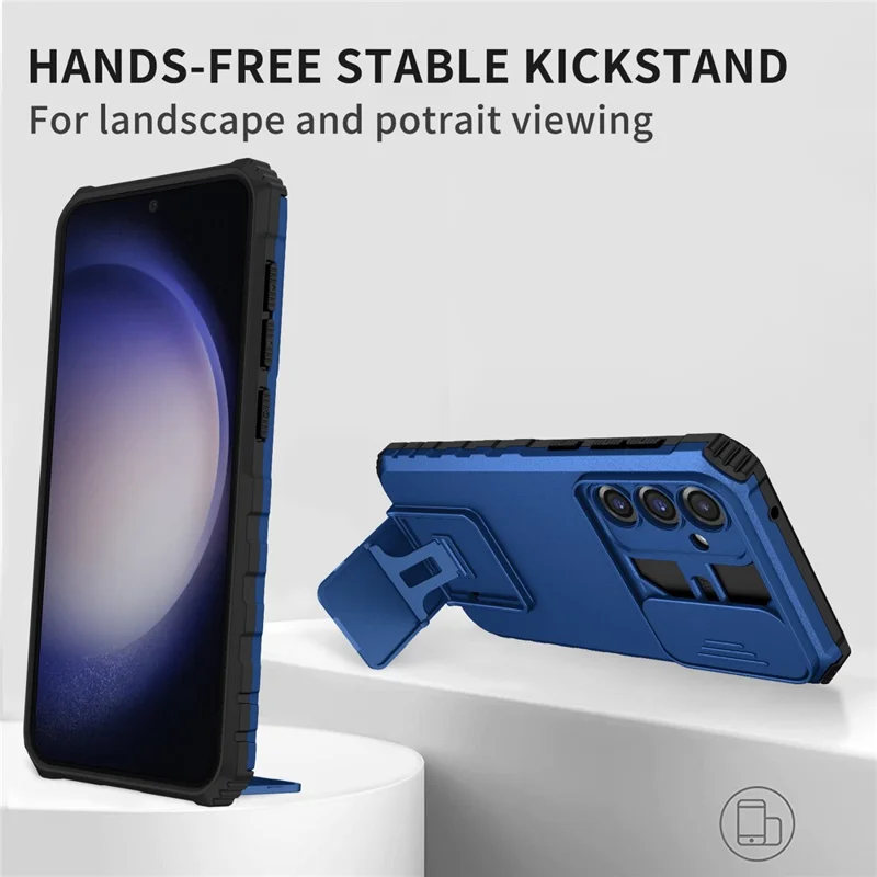For Samsung Galaxy S23 FE Case Camera Slider PC + TPU Phone Cover with Kickstand - Blue